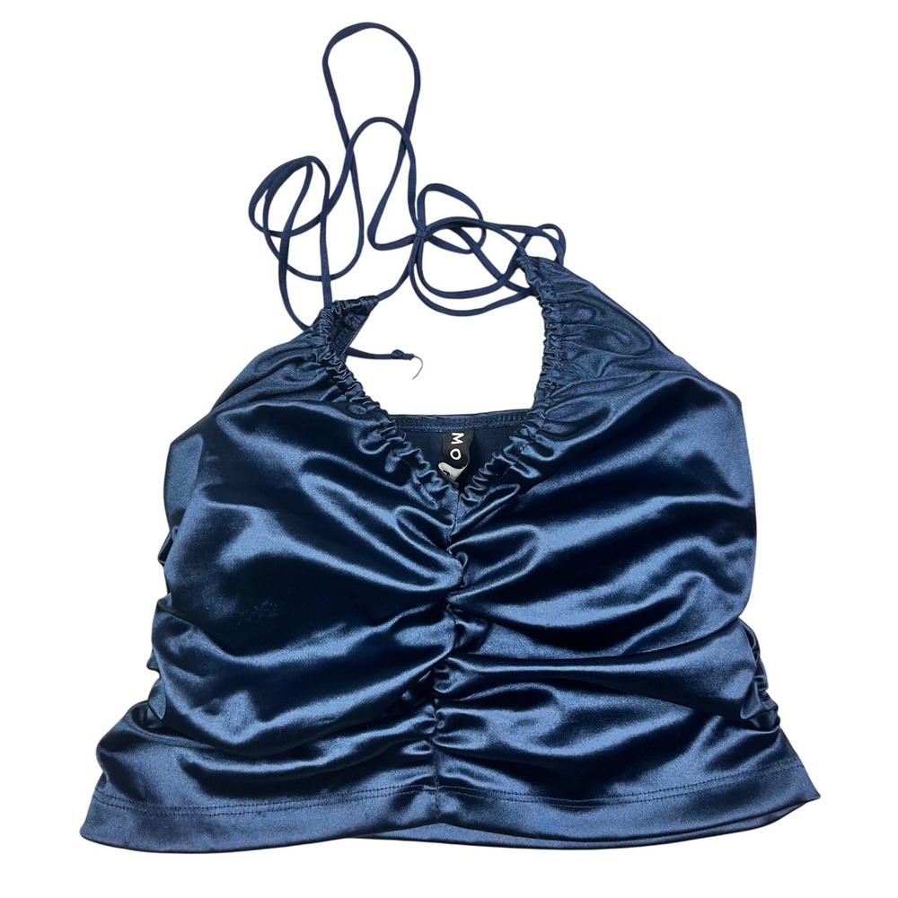 Motel Rocks Womens Navy Blue Satin Ruched Halter Crop Top Size M Night Out Y2K